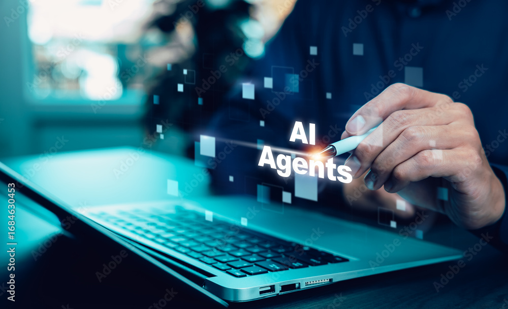 Poster ai agents concept with businessman using digital pen on virtual interface, symbolizing artificial in
