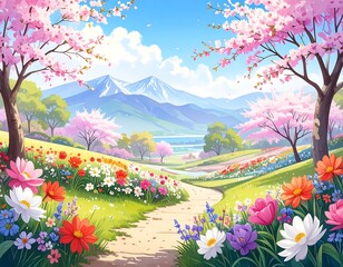 Serene spring landscape with blooming flowers and mountain view