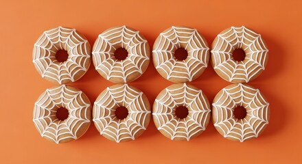 Delicious Halloween spiderweb donuts for spooky season celebrations and sweet treats on vibrant orange background