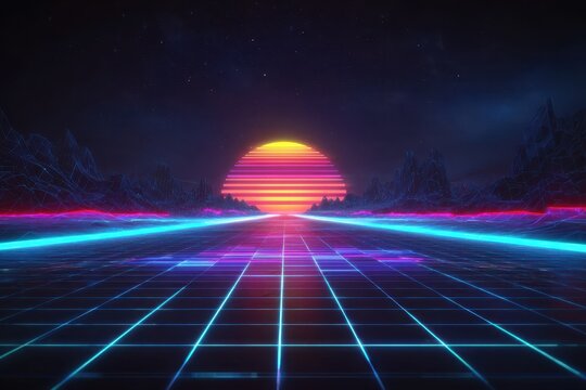 Retro futurism landscape with vibrant sunset and neon grid at night showcasing a surreal connection between nature and technology