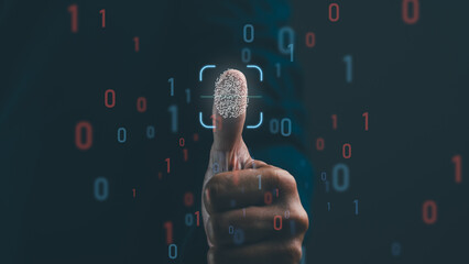 A hand with a thumb displaying a fingerprint is highlighted against a digital background of binary code, symbolizing biometric technology and security.