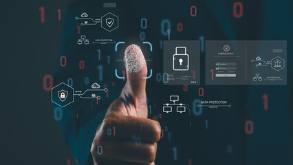 A digital fingerprint symbolizes data protection, cybersecurity, and identity verification in a...