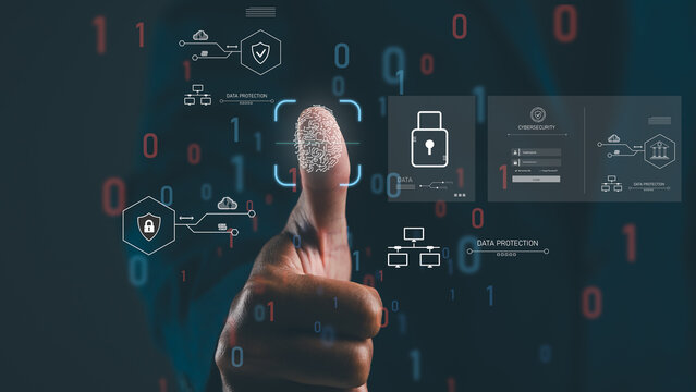 A digital fingerprint symbolizes data protection, cybersecurity, and identity verification in a technological environment filled with binary code.