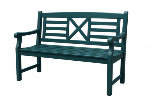 Teal wooden bench isolated on transparent background, ideal for architectural visualizations or garden designs - Powered by Adobe