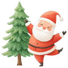 Obraz premium Joyful Santa Claus celebrating near a festive Christmas tree isolated on transparent background.