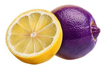 A vibrant lemon and purple fruit isolated on transparent background, a creative food concept