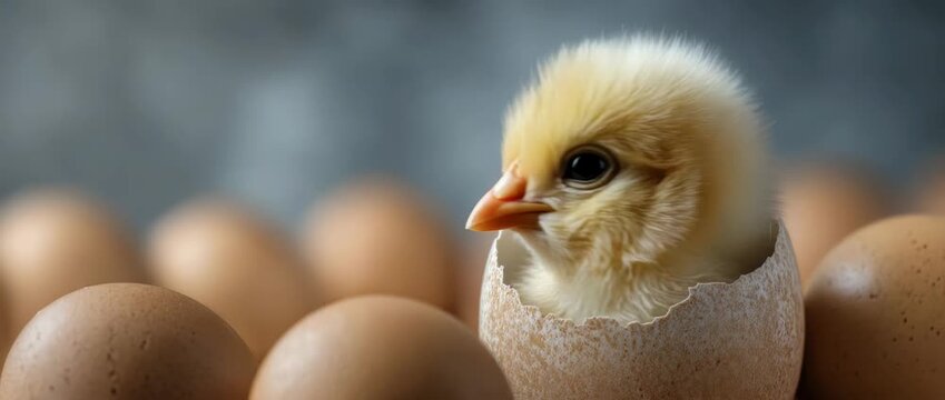 Charming close-up video of a newly hatched chick emerging from its egg, surrounded by eggs
