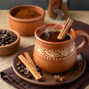 a traditional cafe de olla in a clay mug with cinnamon