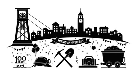 mining industry 100 years anniversary cityscape, coal mine, and tools