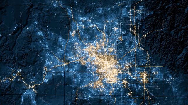 Medium shot of brightly illuminated cultural or entertainment hubs in focus with unfocused dim surrounding zones providing insights into nighttime economic and social activity