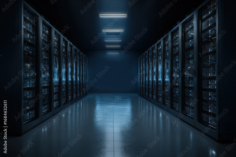 Aufkleber rows of servers in a dark room with a soft glow illuminating the technology at night highlighting th