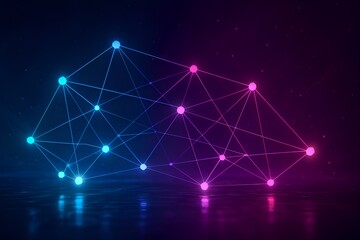 Futuristic digital network with glowing neon nodes and light connections over reflective surface, dynamic particles in electric blue and magenta sci-fi background for technology and innovation project