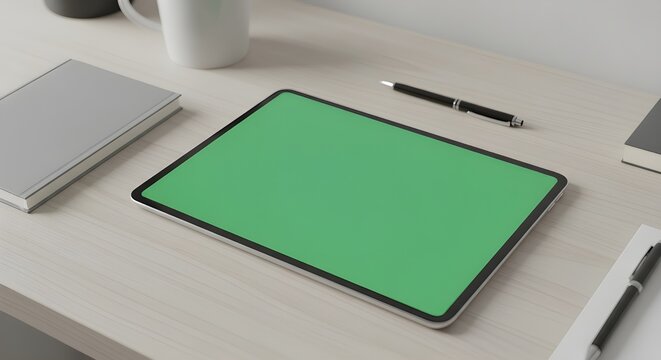 tablet with green screen on office desk mockup