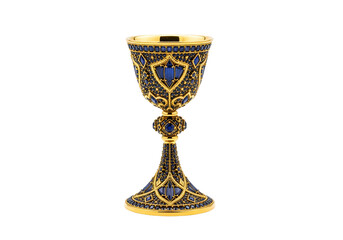 A lavish gold chalice, adorned with intricate blue gemstone patterns, stands out against a stark black backdrop.