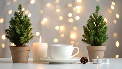 A peaceful winter scene featuring two small decorative Christmas trees in terracotta pots, beside a cup of tea, candles, and pinecones, bathed in soft, warm light.