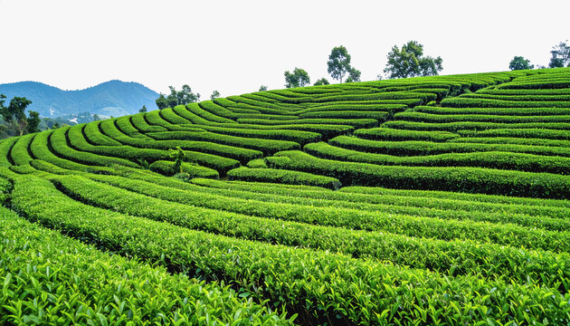 Lush tea plantation nestled in the cameron highlands with green hills and rows of tea plants under a clear sky