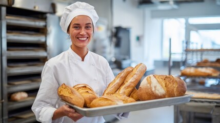 female cookHolding Tray of Freshly Baked Bread in Professional Bakery Kitchen, Bakery Teamwork