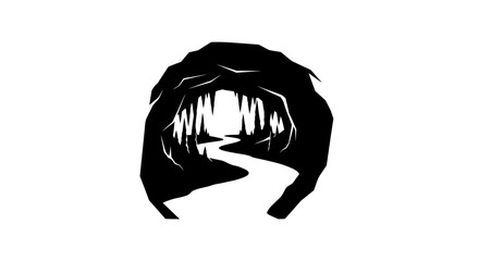 mysterious cave entrance, dark river, stalactites, black and white illustration, nature, seclusion, adventure