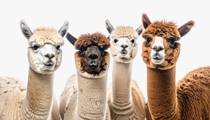 Adorable group of alda alpacas grazing on a wool farm with beautiful pastoral landscape in the background
