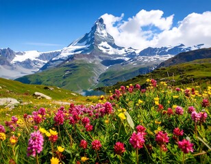Alpine wildflowers bloom at the foot of a majestic snow-capped peak