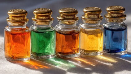 Five small glass bottles, filled with colored liquids,  arranged in a row.  Golden lids
