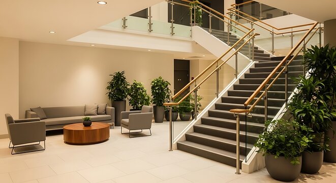 Modern Hotel Lobby with Comfortable Seating and Green Plants Near Staircase