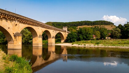 Fototapeta premium Stone bridge spanning river, reflecting in calm water
