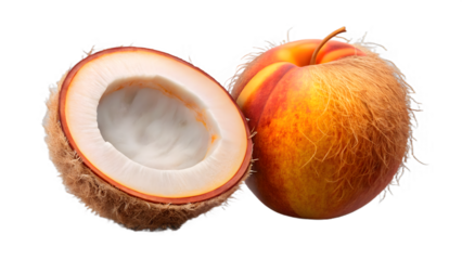 Coconut and peach hybrid fruit, a cross between a tropical coconut and a juicy peach isolated on transparent background