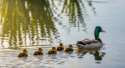 Mother Duck Leading Six Ducklings Swimming in Calm Water with Reflection and Green Foliage