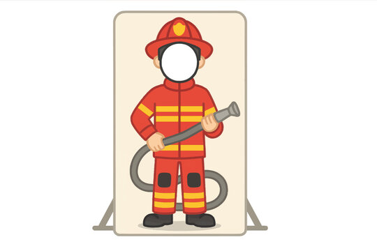 Vector cartoon standee of firefighter character holding a hose, designed with blank face area for fun emergency services photo booth use.