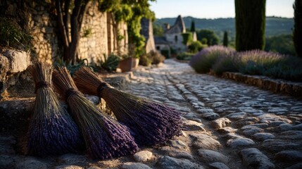 Obraz premium Lavender bundles on a stone path, village backdrop