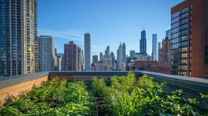 Fototapeta premium Rooftop garden with city skyline view.