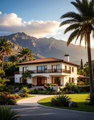 A beautiful, sun-drenched home with a stunning mountain backdrop, showcasing lush landscaping and a tranquil ambiance.