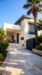 Fototapeta premium A modern, light-beige home exterior with a light-beige paved walkway and steps leading to a front entryway. Lush landscaping, a palm tree, and a light-blue gate enhance the sunny, inviting ambiance.