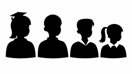 Silhouette illustration of four students with varying hairstyles and clothing styles in black and white | editable eps vectors