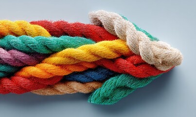 Colorful braided rope arrow on light blue background