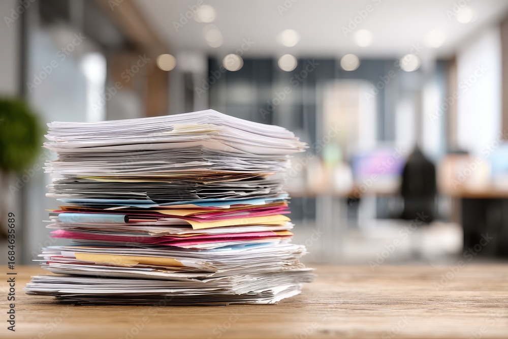 Poster large stack of assorted paper documents accumulating on a desk in a modern office environment during