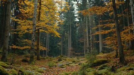 Fototapeta premium Scenic Autumn Forest with Golden Leaves and Sunlight Filtering Through Tall Trees on a Vibrant Day Creating a Tranquil and Natural Landscape
