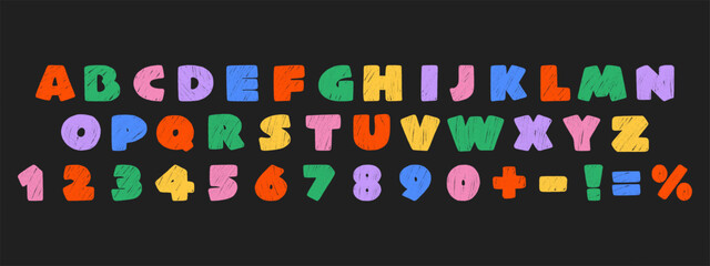 Colorful crayon alphabet and numbers with textured wax pastel style. Hand drawn playful kids font on dark background.