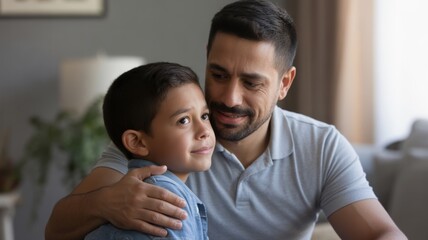 Obraz premium single dad son talking concept. Father and son sharing a warm moment indoors.