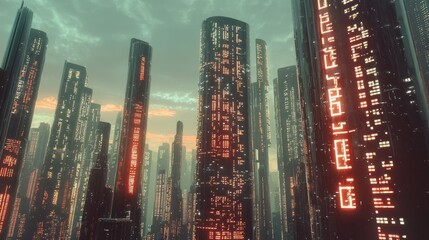 Futuristic city skyline at dusk, tall dark skyscrapers with glowing red neon signs.