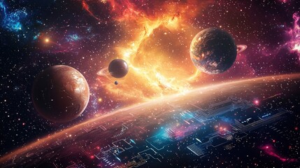 Futuristic alien planet with vibrant nebula and orbiting planets.