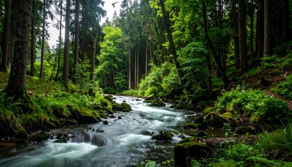 A tranquil forest stream winds through lush greenery, showcasing a serene and peaceful natural scene.