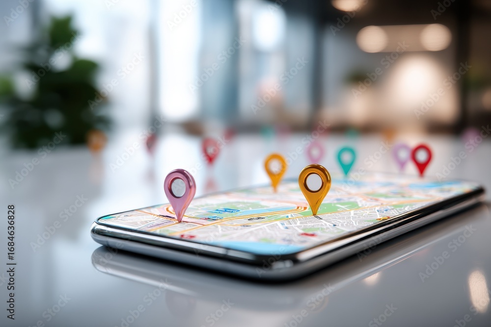 Poster modern smartphone on a clean surface displaying a detailed map with numerous location markers at a c