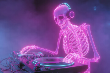 Neon colored skeleton DJ mixing music at a vibrant underground party during a night filled with energy and excitement