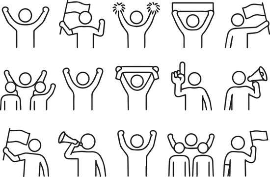 Cheering Crowd Icon Set Fans, Supporters, and Celebration Line Art