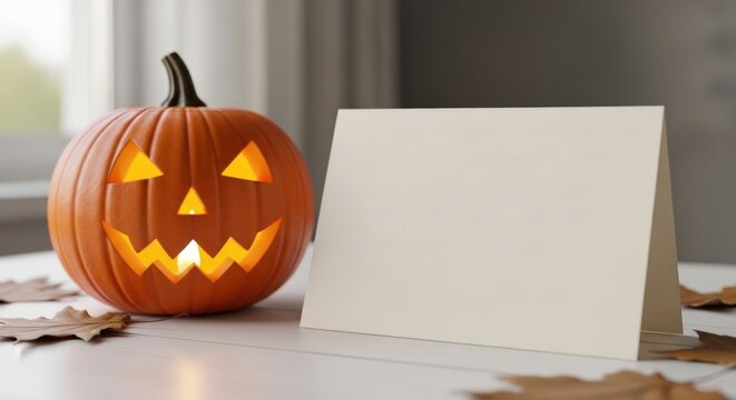 Get ready for a spooky celebration with this glowing jack-o'-lantern and blank card for a personal Halloween message