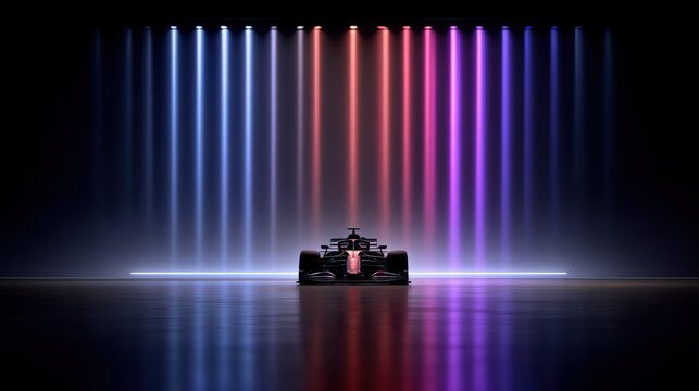 A stunning formula 1 race car set against a dynamic and colorful light display.