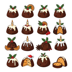 Collection of twelve illustrated Christmas pudding designs, showcasing various decorative elements and slices.
