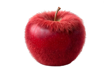 Red apple covered with fur isolated on transparent background, a unique and unusual fruit